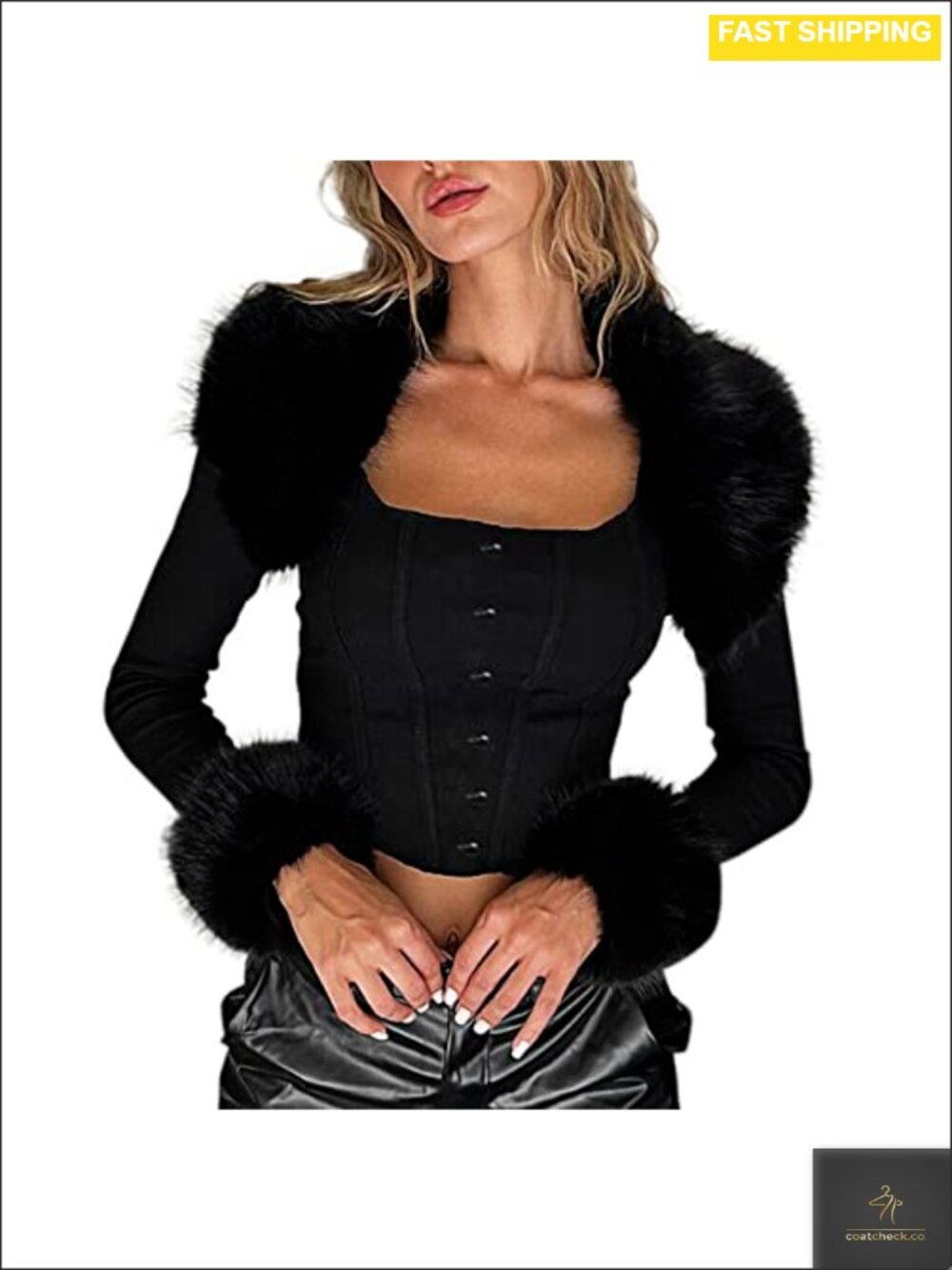 Women Faux Fur Collar Crop Jacket Long Sleeve Polyester Spandex Clubwear